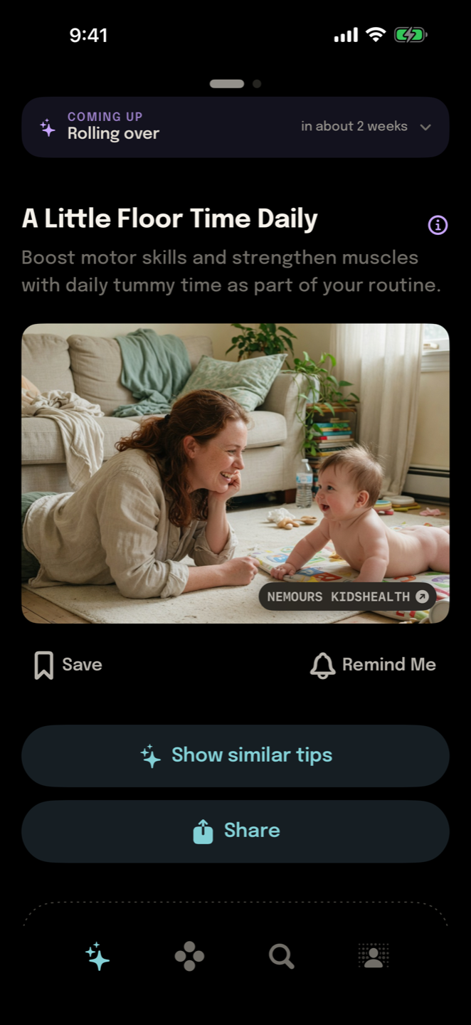 The same Coffee&Cradle tip at night, in dark mode, with Save and Remind Me underneath it.