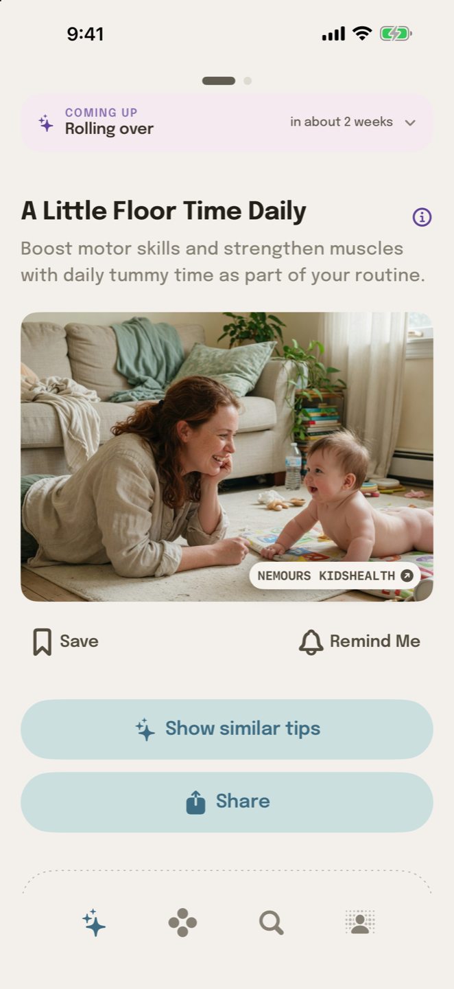 The Coffee&Cradle Tips tab: a tip called “A Little Floor Time Daily”, with a “coming up” heads-up above it and its source underneath.