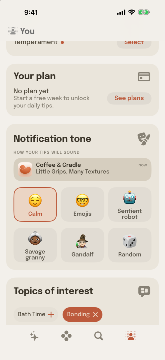 The notification tone picker in Coffee&Cradle: Calm, Emojis, Sentient robot, Savage granny, Gandalf and Random.
