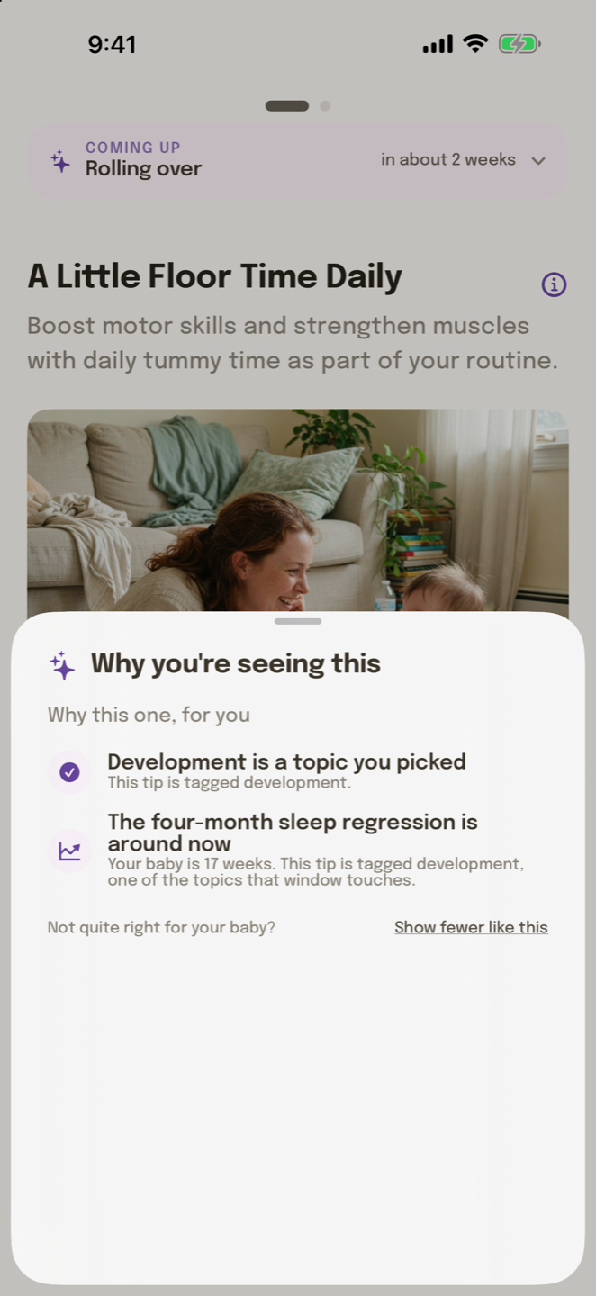The “Why you’re seeing this” panel, listing the reasons a tip was chosen: a topic you picked, and a developmental window that is around now.